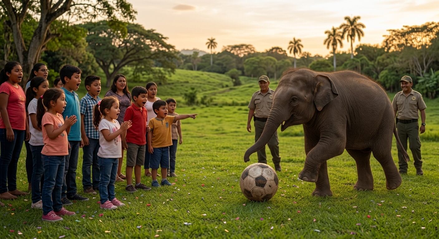 VIDEO: ¡Se robó el partido! Elefante sorprende al jugar con un balón frente a niños