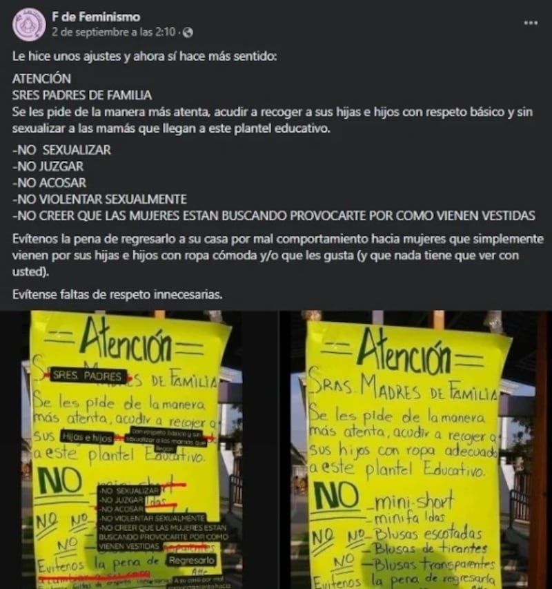 Feministas corrigen cartel sexista de escuela